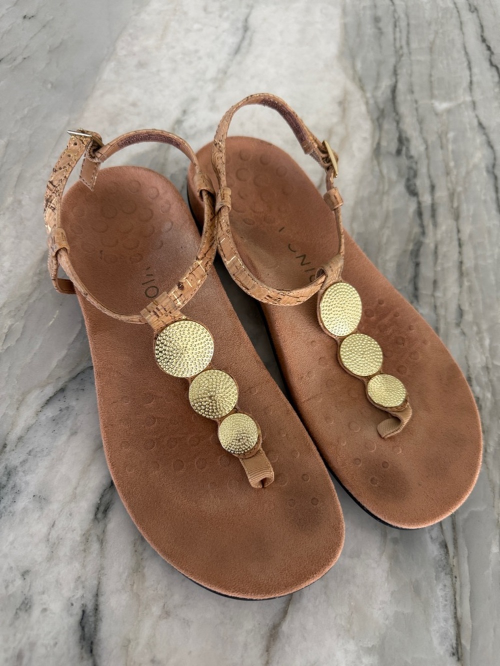 Vionic Brown Cork-Style T-Strap Sandals with Gold Disc Accents